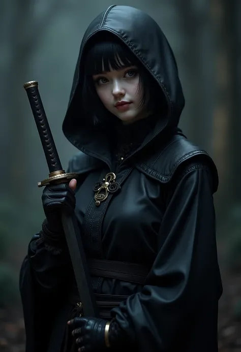   A pale girl with short black hair , From the Middle Ages 3D   , realistic, arcane style, with clear eyes,   sadistic smile, Sensual ,   dark clothes with dark hoodies, medium-dark leather armor  ,   Expression of pleasure  ,  look seductive ,     holding...