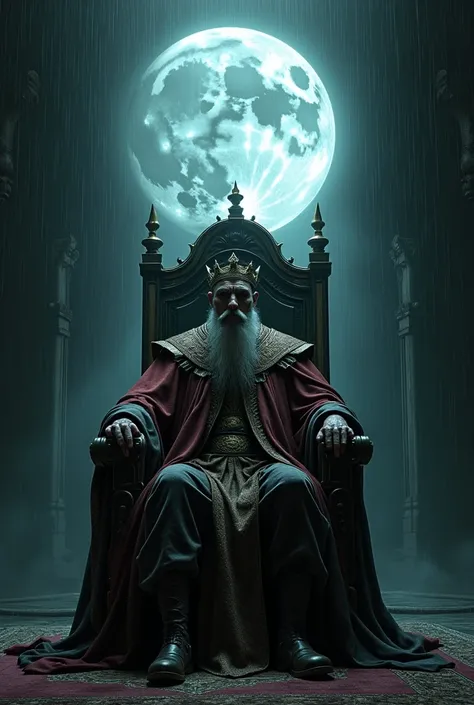 Play a king sitting on an old worn-out throne on a rainy starless night with a big Sanque Moon