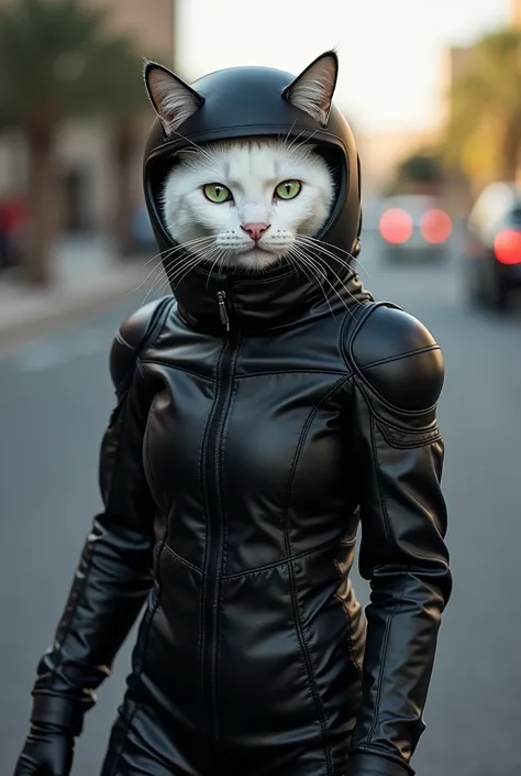 Circle々kitten ,      BRIGHT    , Real white cat ,    Confident々Let's walk around the streets of California wearing   ,    black rider suit costume with sparkling green eyes full of confidence   ,     Wear a  , walk the streets of California with glowing gr...