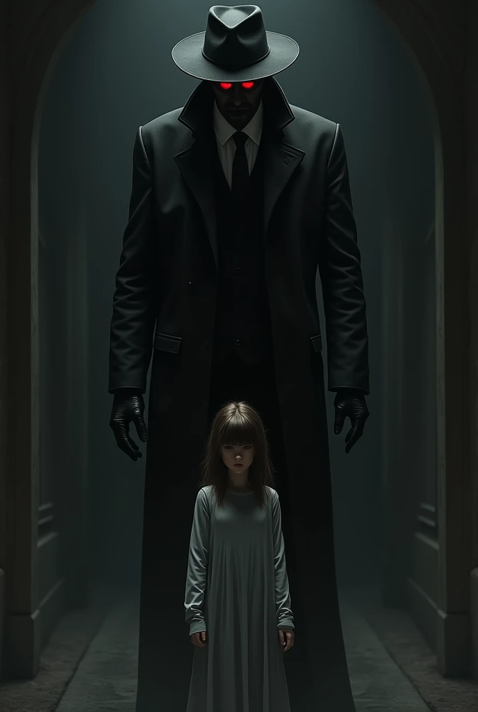  A mysterious man 2 meters tall ,  with black suit,  black leather jacket ,  Black Leather Gloves .  His black hat red eyes and creepy. And a dark room . A  with light brown hair and bangs wearing a little gray dress and long white sleeves under the cuff o...