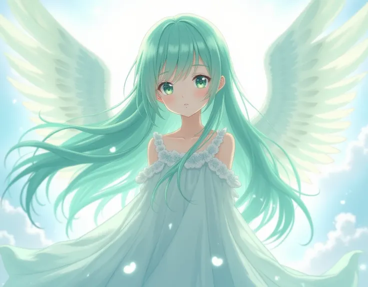 Anime girl character with mint-colored hair and angel clothes