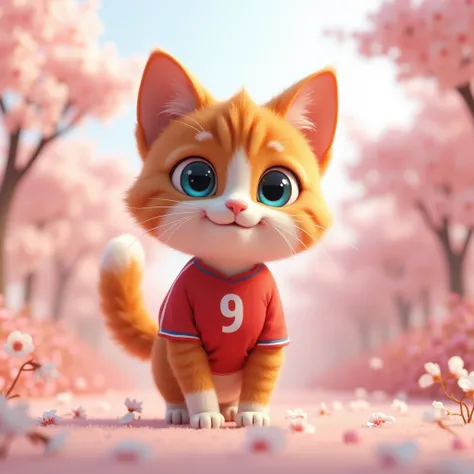 Animation 3D. Un chat femelle roux avec un peu de blanc. There are Sakura flowers . Il a des yeux bleu. Il porte un maillot de foot avec le numéro 9.