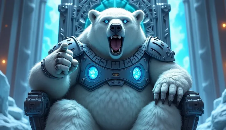 A 3D image of A cartoon growling Polar Bear(A towering polar bear with thick white fur interwoven with glowing blue circuits. His eyes are cold and mechanical, and his body is covered in armor-like cybernetic enhancements,metallic carved helmet.He looks me...