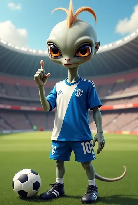  Create a  gray alien .
His appearance,  big eyes, soft leather, short light brown rollers ,  challenging look ,  Posing for photo ,  an arm forward with the thumb of the hand up ,

His clothing, Football shirt,  soccer pants and soccer socks .
 The paddle...