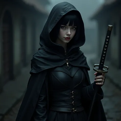   A pale girl with short black hair , From the Middle Ages 3D   , realistic, arcane style, with clear eyes,   sadistic smile, Sensual ,   dark clothes with dark hoodies, medium-dark leather armor  ,   Expression of pleasure  ,  look seductive ,     holding...