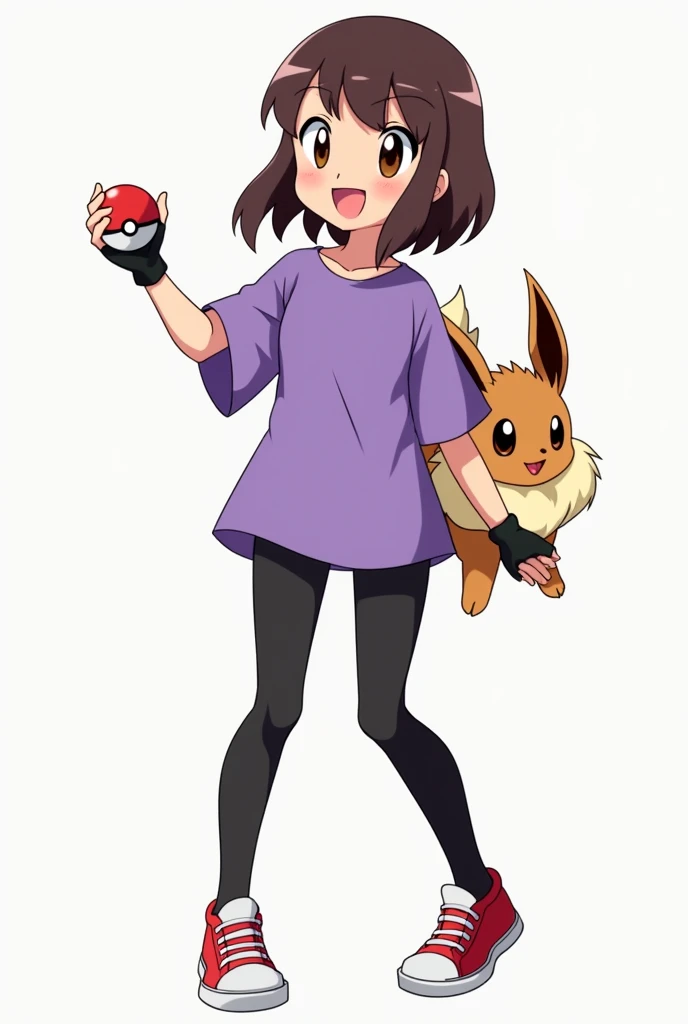 anime cartoon style, Pokemon, character in the style of the Pokemon anime  cartoon and video games, female, Pokemon Trainer, dark brown shoulder length hair , brown eyes, purple oversized tee shirt, black leggings, black fingerless gloves, red and white sn...