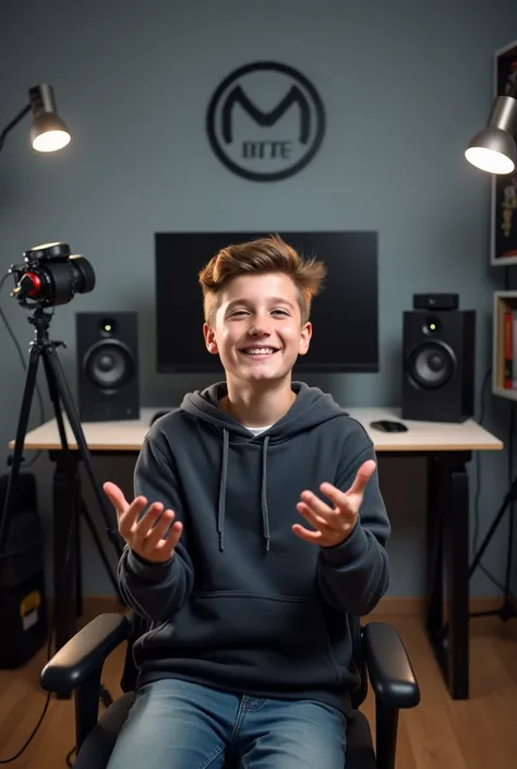 "A young boy, around 18-22 years old, with a confident and engaging expression, sits in a modern studio setup, ready to record a video. He is seated in a stylish, ergonomic chair at a sleek desk with a high-quality microphone, a camera on a tripod, and a f...