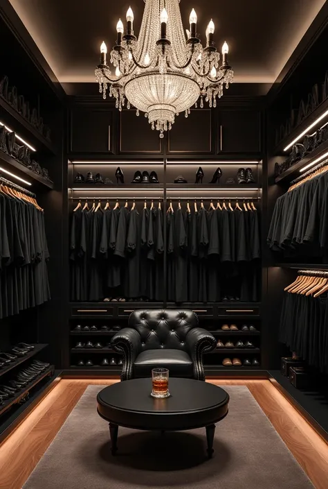 Um closet enorme,  black chandelier with diamonds , centralized chandelier , Warm Light,  very bright room , lots of clothes,  many black dresses ,  many black suits ,  shelves with shoes on the left,  many black shoes , dark wooden floor,  leather armchai...