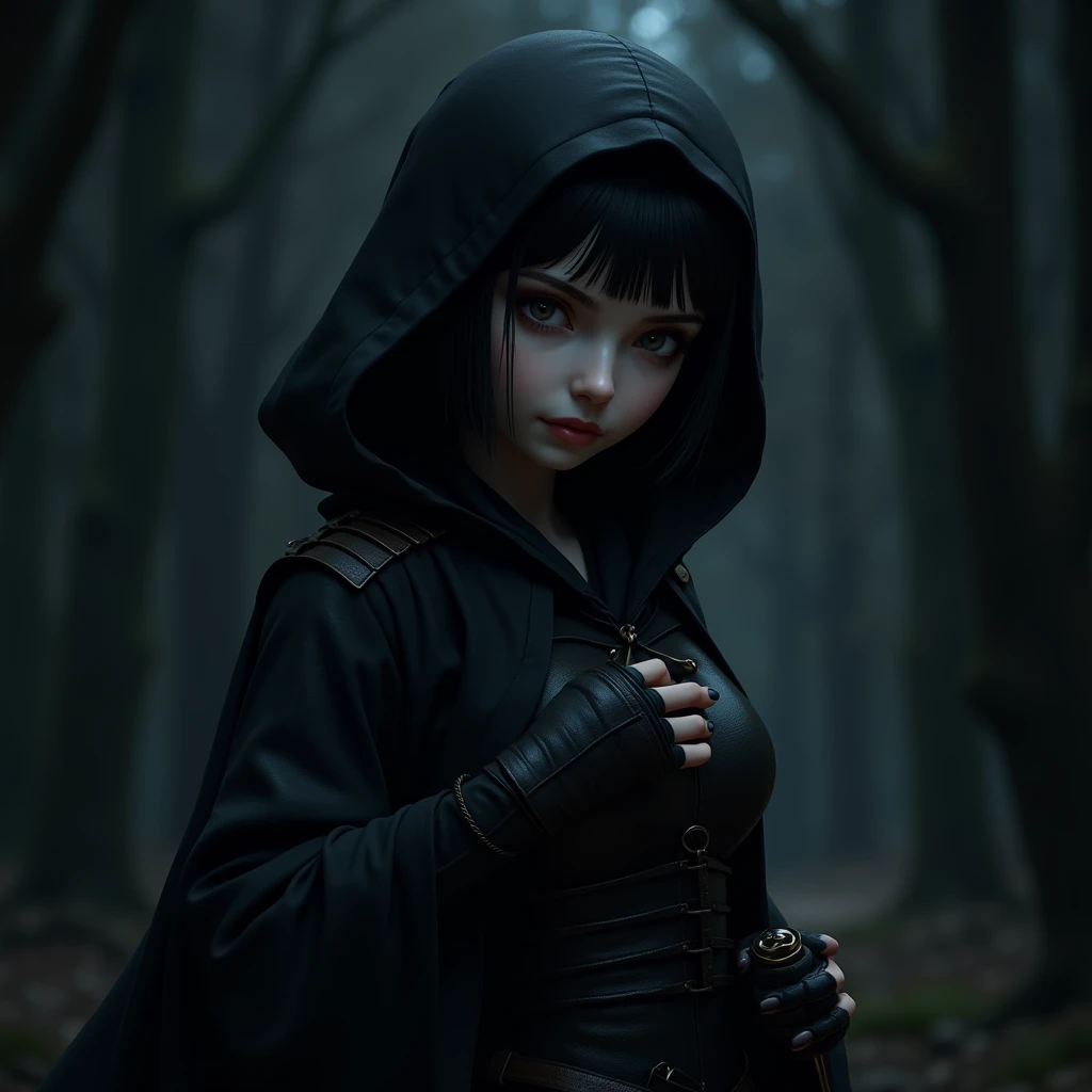   A pale girl with short black hair , From the Middle Ages 3D   , realistic, arcane style, with clear eyes,   sadistic smile, Sensual ,   dark clothes with dark hoodies, medium-dark leather armor  ,   Expression of pleasure  ,  look seductive ,     holding...