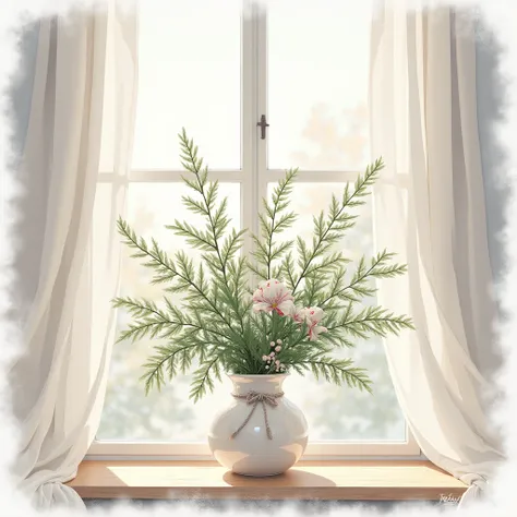 watercolor, drawing, botanical, digital-art, winter, window, curtains, vase with fir branches, pixel study, high detail, many details, intracate details, bohemian, elegant, aesthetic, lineout, realistic, high quality, work of art, hyperdetalization, profes...