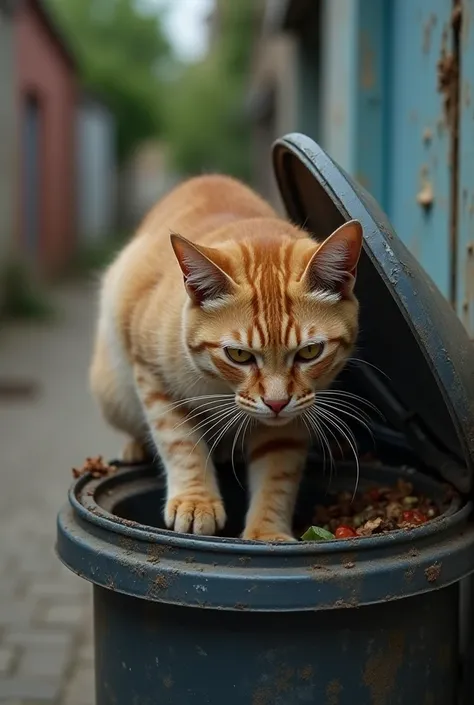 dirty cat rummages through a trash can: Show the cat's grubby face and dirty paws as it searches for food among the trash. The image could include a blurred background of a rundown alley or a dirty street.

