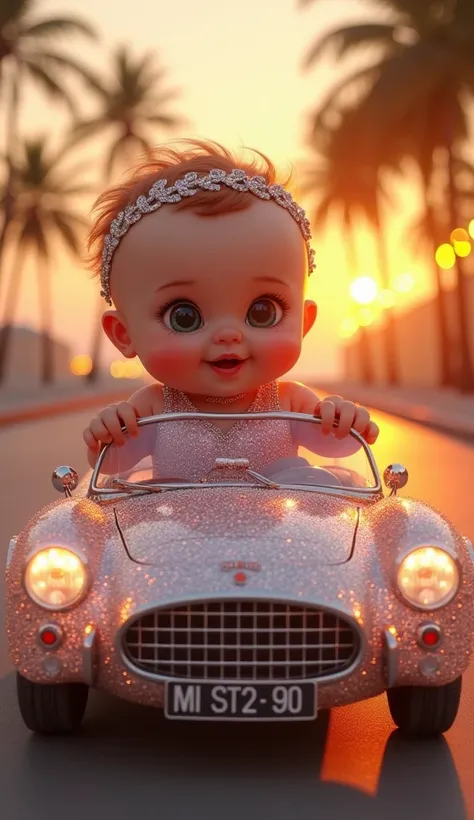  A hyperrealistic chubby baby of  , plump and hyper-realistic , radiant,  wearing a dazzling dress made entirely of sparkling crystals ,  driving a small sports car .  The car is equally embellished ,  with a crystal-covered body that shines under the gold...