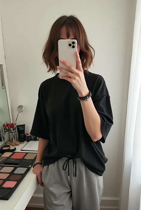 Selfie photo of a short  girl in the mirror of a dressing table with cosmetics, showing a thin figure of a girl with brown hair a little below the shoulders, the photo completely without the visibility of the face only a silhouette dressed in a black overs...