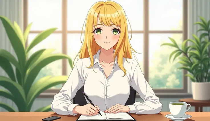 Anime friendly looking blonde women business character is wearing white shirt. She is sitting writing on her diary, arms on her desk. It is a beautiful day. The room is classy, chill and a bit minimalist. She is front facing to the plants, a cup of matcha,...