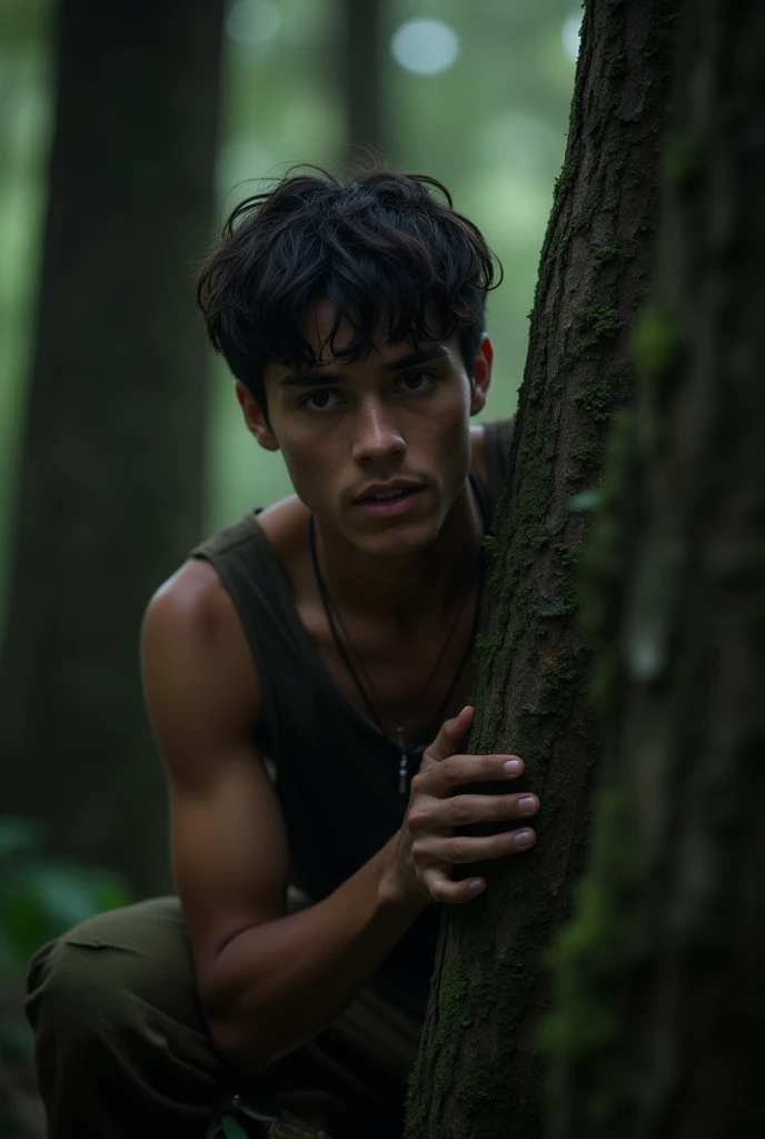 "A young man, João, hiding among tall trees, watching with intense focus. The shadows of the forest create a tense mood. He is dressed in simple, rugged clothes, blending into the surroundings, his eyes wide with anticipation as he waits for something to h...