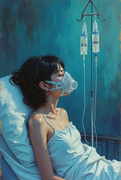 traditional art style, no face, contrast of dream vs reality, raw art, creative, show pain and darkness, hospital bed medical life reflecting girl no face but figure, cannula, good dreamy background in contrast to the cool darkness of girl being infused wi...