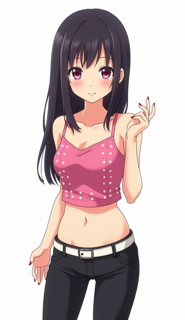 Japanese anime adolescent woman with long black hair and intense magenta eyes and red nails and wears a pink top with thin straps with white dots and bare abdomen and with black pants with a white belt and with shiny black leather shoes and a white backgro...