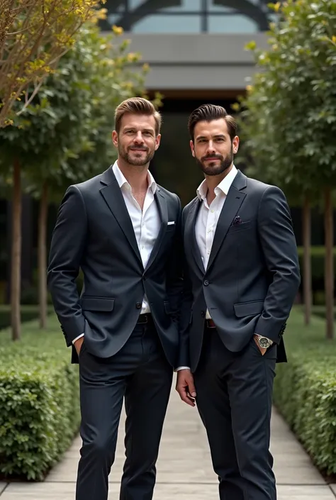  Create an image of a man in a photo shoot posing confidently next to another man, elegant, recreational use of the environment to create interesting photos  