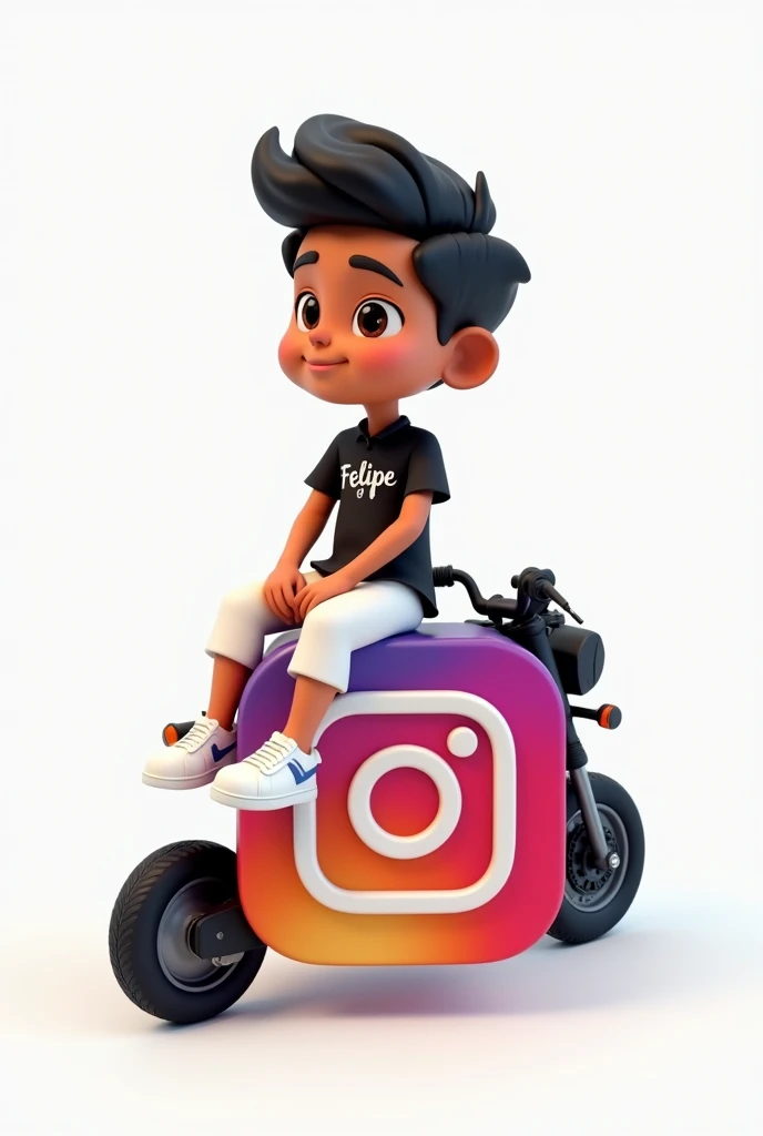  Create a 3D illustration of an animated Indian character sitting casually atop a social media logo  "Instagram art". The character must wear a black shirt with the name Felipe ofc  .   short and wavy,  dark skin,  eyes slightly turned upwards wearing whit...