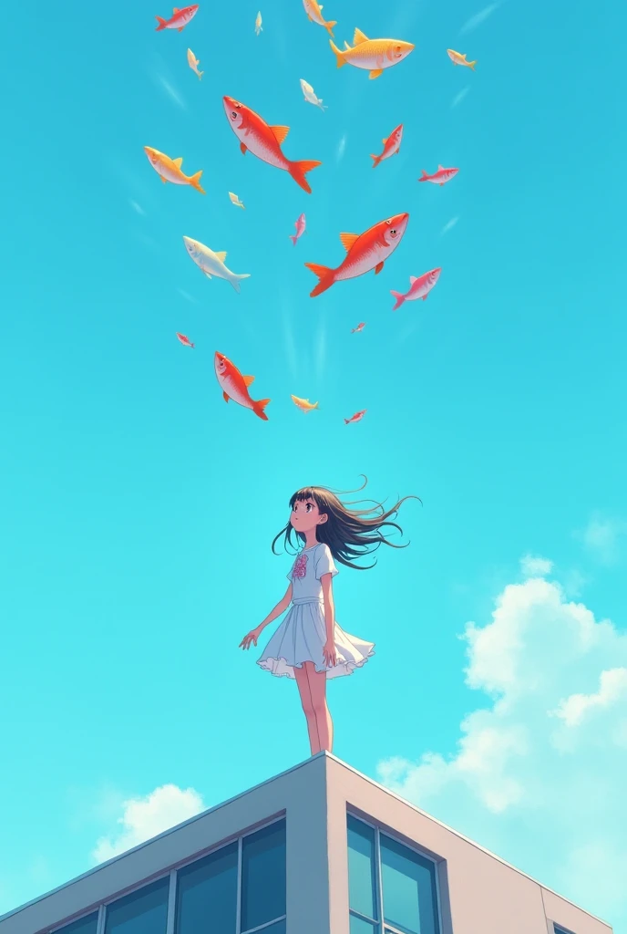 In the picture,  a girl is standing on the roof of a building ,  with the bright blue sky as a backdrop .  Colored fish swim in the air ,  creating a surreal scene that combines urban reality with a touch of fantasy.  The girl has an expression of amazemen...