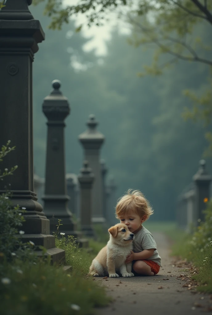 Create a baby  with his puppy at cemetery 