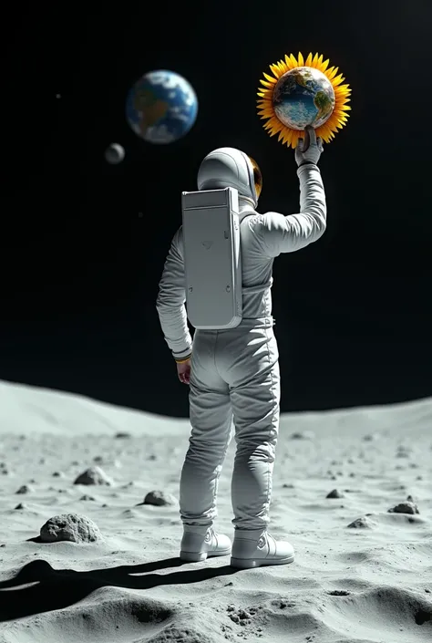 Astronaut standing on the moon with a sunflower globe
