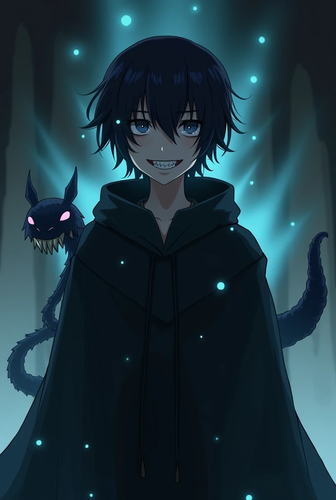 An animated character with Prau Pal and an ominous smile who has short black hair and a black cloak shirt with light blue orbs with demonic shadows last him 