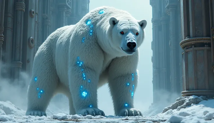 A 3D image of A cartoon growling Polar Bear(A towering polar bear with thick white fur interwoven with glowing blue circuits. His eyes are cold and mechanical, and his body is covered in armor-like cybernetic enhancements.He looks menacing and calculated.)...