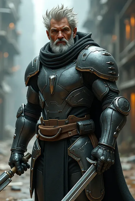 A male ager wearing futuristic armor and a futuristic metal sword with about s of age, disheveled hair