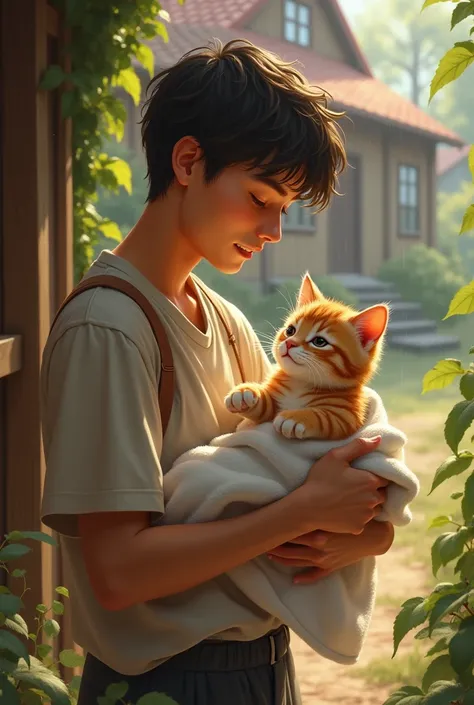 The young man carrying the small kitten home to a cozy wooden house in a village, drying the kitten’s fur with a towel, smiling with affection