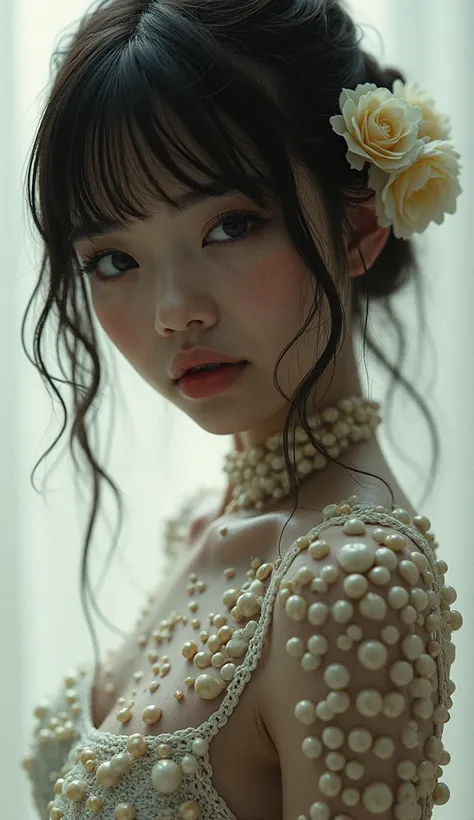 (((sexy:3.0))),((This beautiful Japanese  gal:3.0)), (((This woman's facial skin and whole body are covered in White bumps: 3.0))),Tritophobia skin, her skin is covered in White bumps: 2.0, Perfect smile, open mouth 
, Her whole face is bumpy、heavy make up...