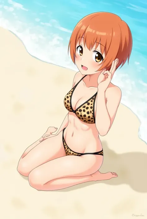 ( masterpiece), ( best quality), (very detailed), ( BEST ILLUSTRATIONS ), ( best shade ), (confused), Nobara Kugisakinova Short hair ,  orange hair, (( brown eyes )), Nobara Kugisaki, leopard print micro bikini,1 ,  alone, fringe,  looking at me , beach, t...