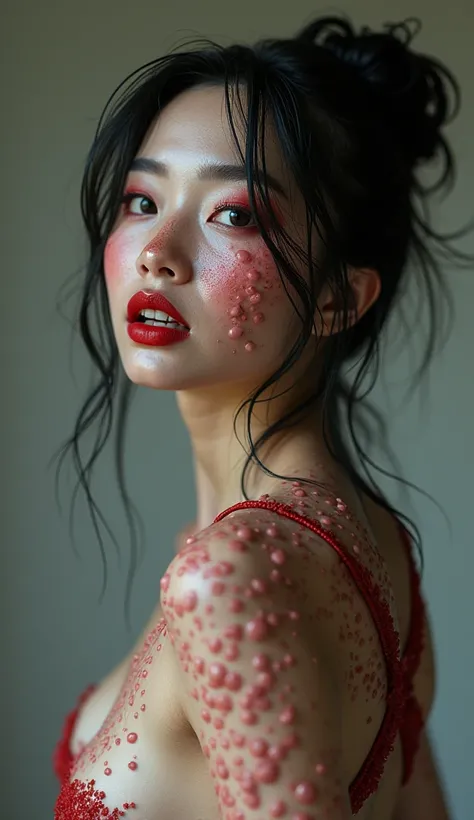 NSFW,(((sexy:3.0))),((This beautiful Japanese  gal:3.0)), ((This woman's facial skin and whole body are covered in  bumps: 2.5)), Tritophobia skin, her skin is covered in  bumps: 2.0, Perfect smile, open mouth 
, Her whole face is bumpy、heavy make up 
、My ...