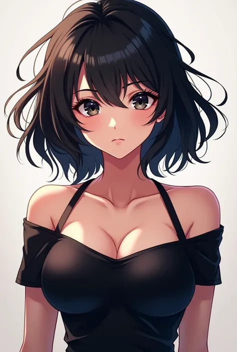 17-year-old anime girl with medium-long wavy black hair, And black eyes, black vertiche off-the-shoulder shirt,  has an aggressive personality ,  Athletic physique , Big breasts, has white skin