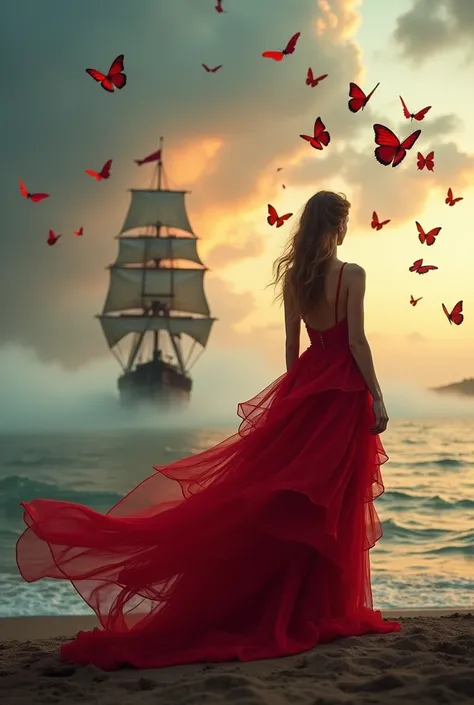 A whimsical scene featuring a woman in a flowing, layered red gown, standing on a misty shore as she gazes at a majestic sailing ship in the distance. The sky is a dramatic blend of stormy clouds and warm sunset hues, while vibrant red butterflies swirl ar...