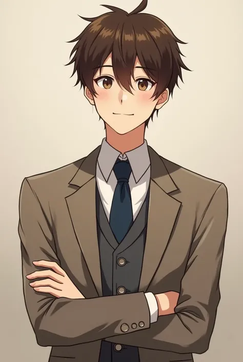 26 year old boy, nationality chinese, brown hair and tall .  Slim build and moderately large eyes.  Somewhat serious but warm appearance .  Formal attire ,  neutral colors ,  sleek but with an informal touch .  anime style