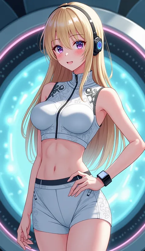 Detailed anime illustration, pixiv style,anime love-live style, zero gravity space. Woman dressed in white spaceship high-tech capsule, cold sleep device. Japanese woman, blonde long hair, blush,shy,wearing futuristic underwear with biosensors and circuit ...