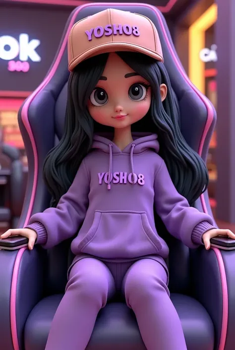 3D rendering of a chibi-style woman with long, wavy black hair. She is dressed in a very cassual shades of purple outfit, including a shades of brown cap that says "YOSH08" in purple. The woman is sitting in a gaming chair and showing off her outfit, which...