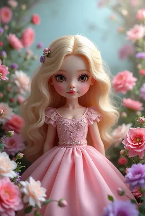 be, Create a little doll for me "blonde" "Princess" with a pink dress and a very delicate floral background