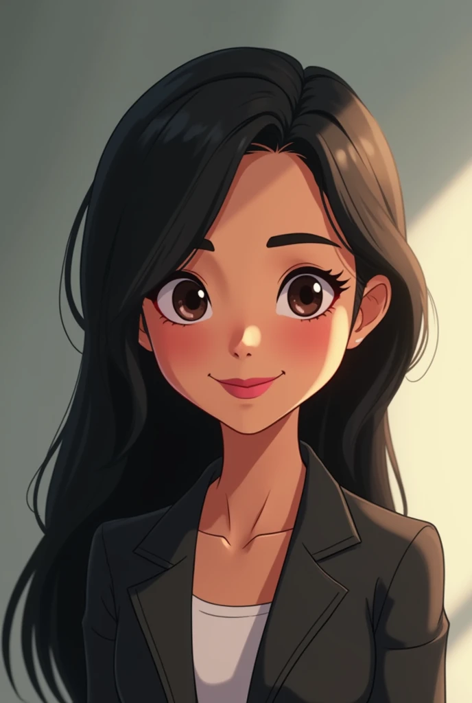 Make an animated psychology student for presentation to ren, BY TEZ CLARA, Long straight black hair lens and smoky makeup that is charismatic and smiling 