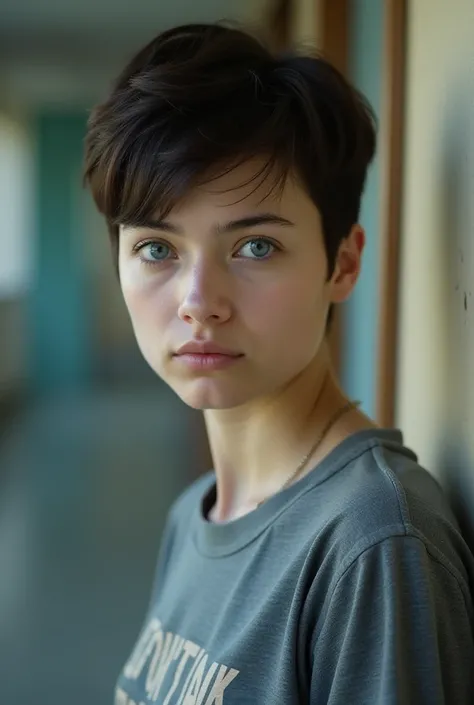   a young woman with short dark brown hair , cropped in a pixie style .  She has light blue eyes and fair skin .  Her facial expressions suggest a sense of seriousness or concentration .  She is wearing a gray long-sleeved t-shirt with an inscription parti...