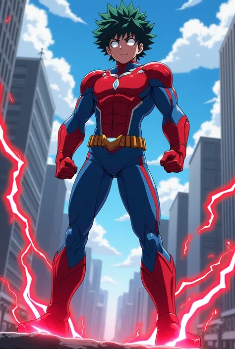 Midoria Izuku (My Hero Academia), Red and Blue Combination Suit, Fist Pose, Red Lightning from the Feet, Japanese City (Tokyo)