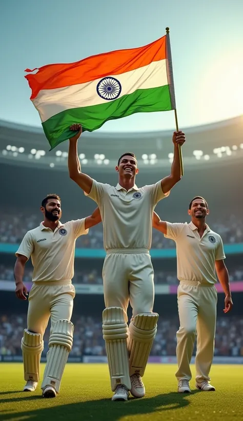 Cristiano Ronaldo carrying the Indian flag along with Virat Kohli and Mahendra Singh Dhoni 