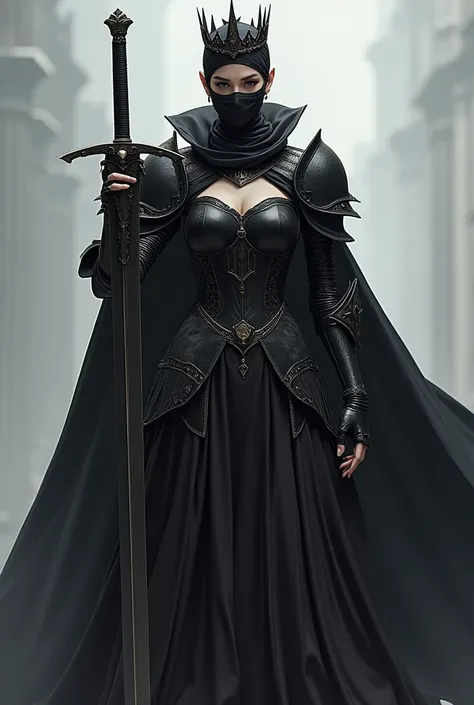 An anime-c woman, 5 meters tall, sturdy and with her entire face bandaged, which makes her unrecognizable.,wearing an elegant black princess dress mixed with black armor and she holds a giant sword and has a black crown on her head