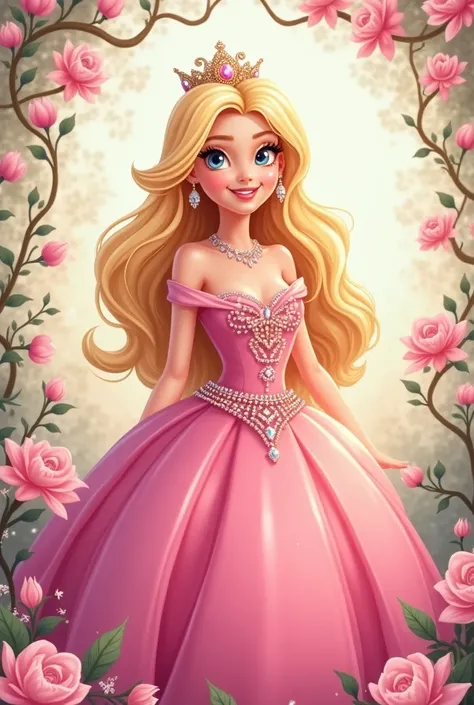 Create for me the cartoon of a blonde princess , with crown, round dress with rhinestone rhinestones with pink dress and a very delicate floral background