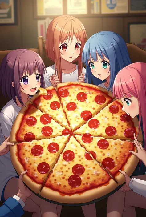 women anmie eating huge  pan pizza underwesr