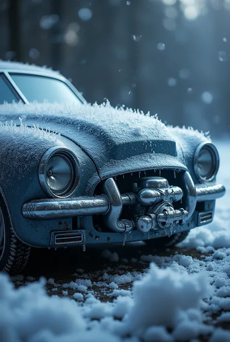 Engine of a car shrouded in frost and ice