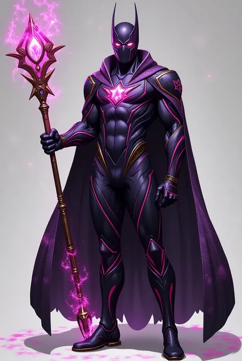 A sleek, dark-purple bodysuit with magenta accents. A simple star symbol on his chest and a half-mask visor for identity concealment. He carries a glowing staff that emits bursts of magic energy.

A high-tech suit with glowing lines and a more pronounced s...