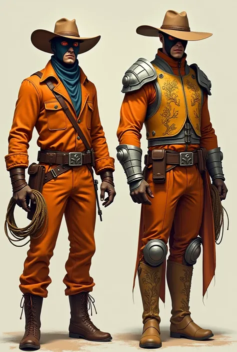 Phase 1: A rugged orange bodysuit with leather-textured accents. A simple utility belt and a rope-like lasso that glows faintly. His mask is a cowboy hat that can pull down into a visor.
Phase 2: A reinforced suit with metallic trims and earthy motifs like...