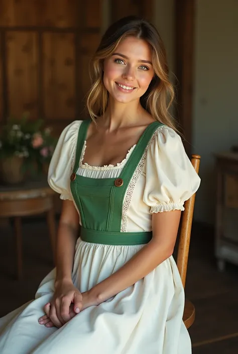 "A beautiful young woman sitting gracefully on a wooden chair in a rustic, countryside setting. She is wearing a traditional U.S. village frock, featuring a charming white and green design with lace accents and a flowing skirt. Her hair is styled naturally...